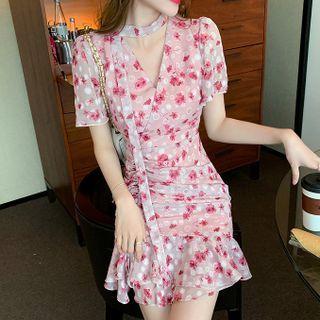 Short-sleeve Drawstring Floral Sheath Dress