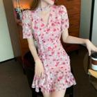 Short-sleeve Drawstring Floral Sheath Dress