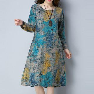 Long-sleeve Print Midi A-line Dress