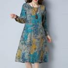 Long-sleeve Print Midi A-line Dress