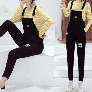 Long-sleeve Striped T-shirt / Label Applique Ripped Denim Dungaree / Set