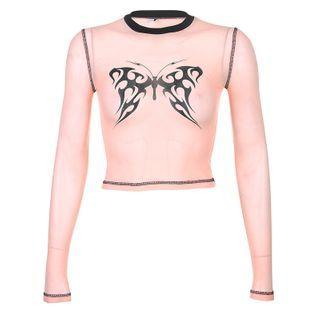 Butterfly Print Long-sleeve Cropped Mesh Top