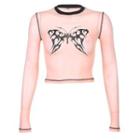 Butterfly Print Long-sleeve Cropped Mesh Top