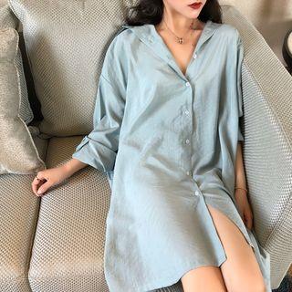 Plain Long-sleeve Loose-fit Dress Blue - One Size