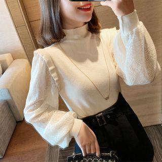 Lantern-sleeve Lace Panel Knit Top