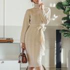 Turtleneck Cable Knit Sweater Dress Beige Almond - One Size