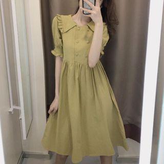 Short-sleeve Double Breasted Frill Trim A-line Midi Dress