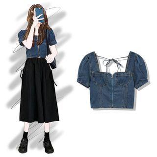 Square-neck Denim Cropped Blouse