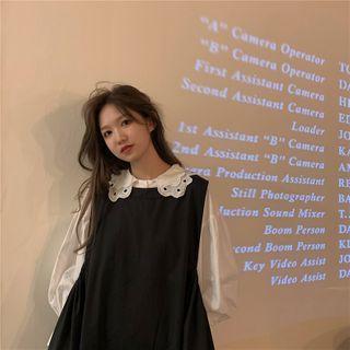 Long-sleeve Lace Collar Blouse / A-line Midi Pinafore Dress