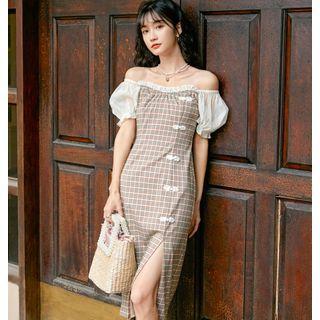 Plaid Off-shoulder Midi Sheath Dress