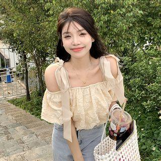 Short-sleeve Off-shoulder Blouse Almond - One Size