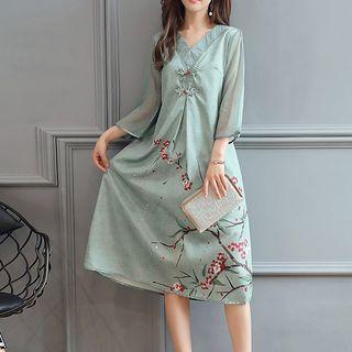 Floral Print V-neck 3/4 Sleeve Dress
