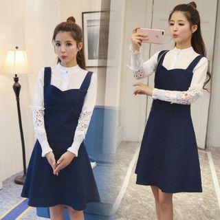 Set: Lace Panel Shirt + A-line Denim Pinafore Dress