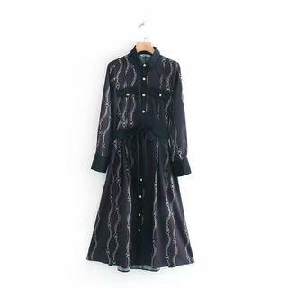 Chain Strap Print Midi A-line Shirtdress