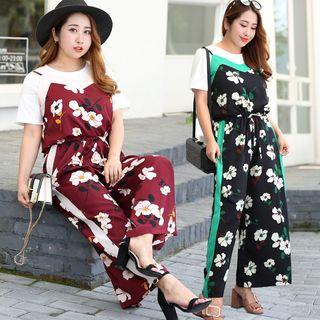 Set: Short-sleeve T-shirt + Floral Strappy Jumpsuit