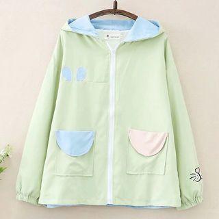 Hooded Double Pocket Color Block Zip Jacket