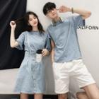 Couple Matching Striped Short-sleeve T-shirt / Denim Jumper Skirt / Shorts