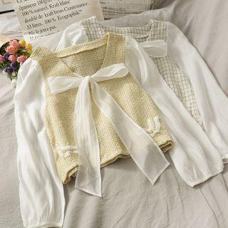 Patchwork Ribbon-accent Woolen Top