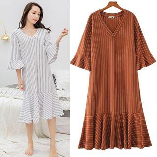 Striped Bell-sleeve Ruffle Hem Midi Sleep Dress