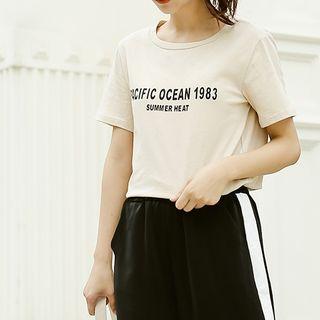 Short-sleeve Lettering T-shirt Almond - One Size