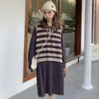 Striped Sweater Vest / Long-sleeve Plain Mini Dress
