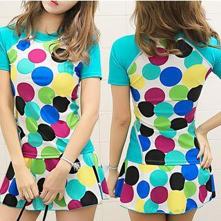 Set: Print Short-sleeve Rash Guard + Swim Shorts + Skirt