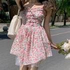 Short-sleeve Floral Print Mini A-line Dress / Lace Skirt