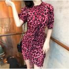 Leopard Puff-sleeve Slim-fit Dress
