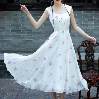 Set: Cropped Lace Cape + Printed Sleeveless Midi A-line Dress