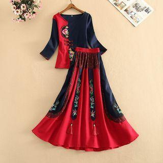Set: 3/4-sleeve Frog Buttonembroidered Top + Midi A-line Skirt
