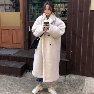 Double-breasted Faux Shearling Midi Coat Off-white - One Size
