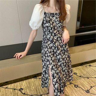 Floral Print Puff-sleeve Slit Dress