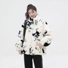 Stand-collar Cow Print Fleece Jacket Cow Print - Black & White - One Size
