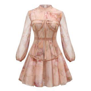 Set: Long-sleeve Chiffon Dress + Corset Top