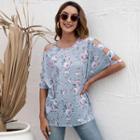 Elbow-sleeve Cut-out Floral T-shirt