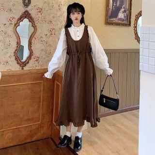 Long-sleeve Buttoned Mock-neck Blouse / Ruffled Midi A-line Pinafore Dress