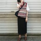 Plain Elbow Sleeve T-shirt / V-neck Knitted Vest / Plain Long Skirt