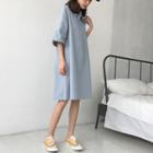 Elbow-sleeve A-line Shirtdress Light Blue - One Size