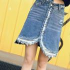 Distressed Button Down A-line Denim Skirt