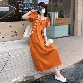 Puff-sleeve Square-neck Midi Shift Dress