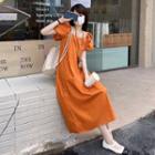 Puff-sleeve Square-neck Midi Shift Dress