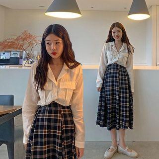 Long-sleeve Plain Pocket Shirt / High-waist Plaid A-line Skirt