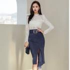 Set: Lace Long-sleeve Top + Midi Pencil Skirt