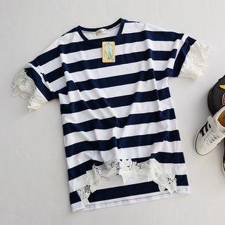 Crochet Lace Trim Striped Short-sleeve T-shirt