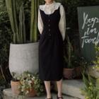 Set: Eyelet Bell-sleeve Blouse + Buttoned Midi Pinafore Dress