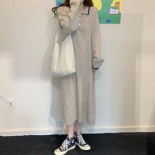 Long-sleeve Polo Collar Knit Midi Dress