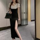 Short-sleeve Cutout T-shirt / Spaghetti Strap Slit Maxi A-line Dress