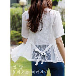 Tie-waist Lace-panel Draped Cardigan