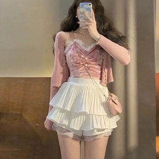Cropped Camisole Top / Cardigan / Pleated Mini A-line Skirt / Set