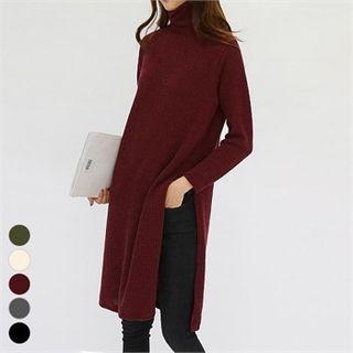 Turtle-neck Slit-hem Rib-knit Sweater